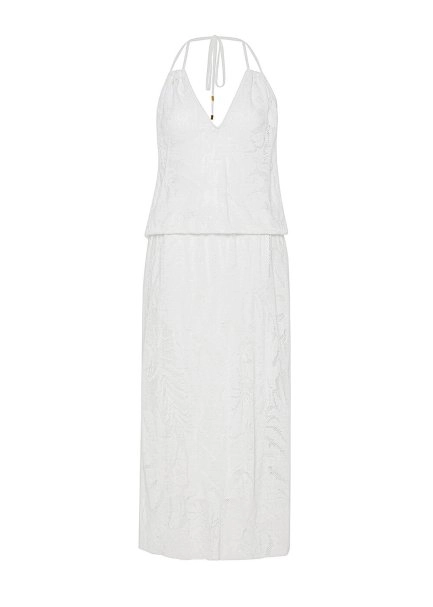 Leaf Patterned Tie Neck White Knit Dress - 8