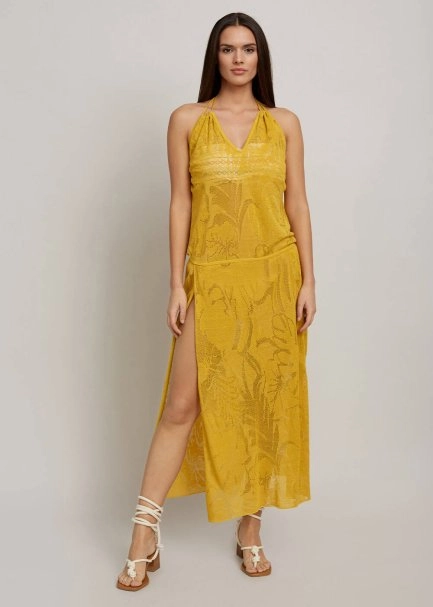 Leaf Patterned Tie Neck Yellow Knit Dress - 1