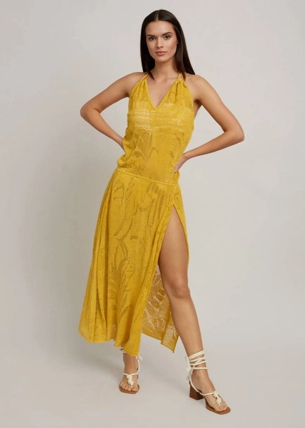 Leaf Patterned Tie Neck Yellow Knit Dress - 2