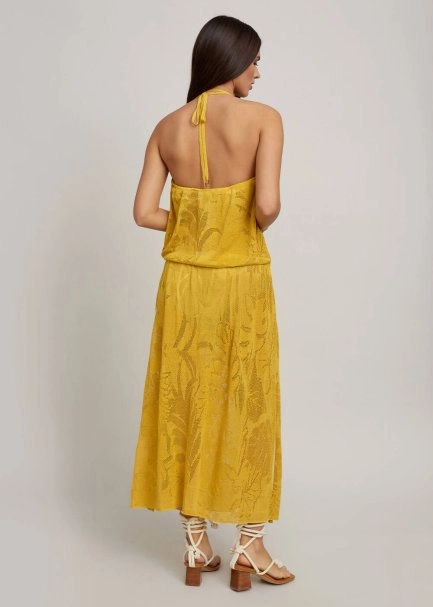 Leaf Patterned Tie Neck Yellow Knit Dress - 3