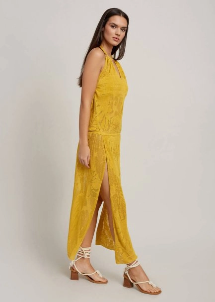 Leaf Patterned Tie Neck Yellow Knit Dress - 4