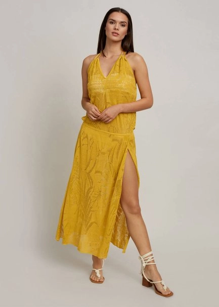 Leaf Patterned Tie Neck Yellow Knit Dress - 5