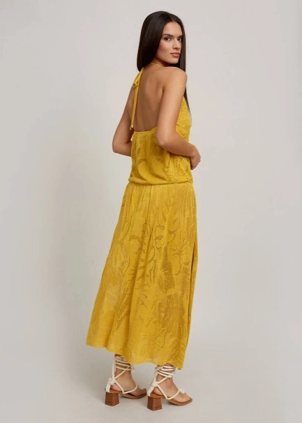 Leaf Patterned Tie Neck Yellow Knit Dress - 6