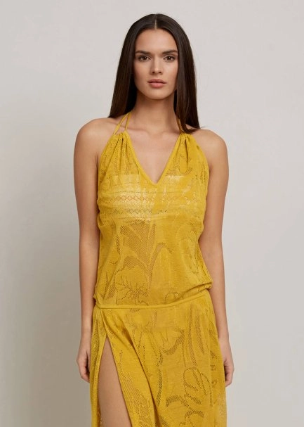 Leaf Patterned Tie Neck Yellow Knit Dress - 7