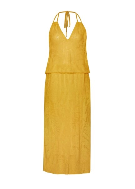 Leaf Patterned Tie Neck Yellow Knit Dress - 8
