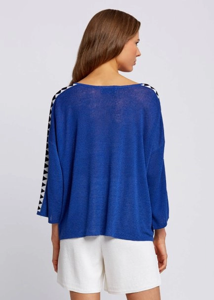 Linen Blend Contrast Geometrical Blue Knit Tunic - 3