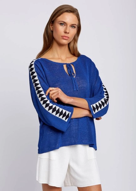 Linen Blend Contrast Geometrical Blue Knit Tunic - 4