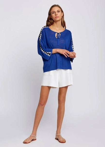 Linen Blend Contrast Geometrical Blue Knit Tunic - 5