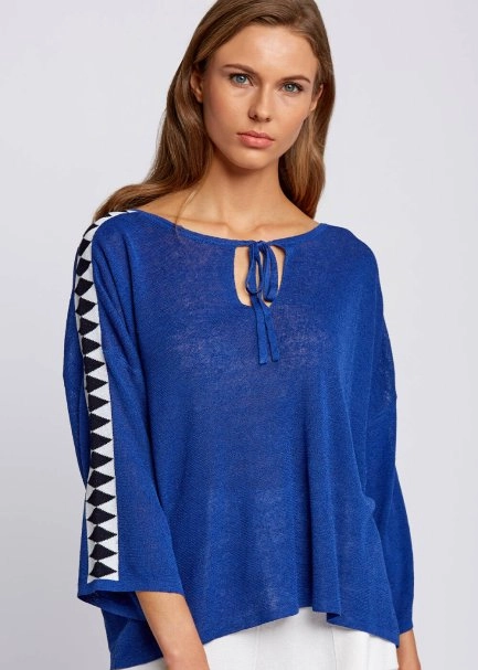 Linen Blend Contrast Geometrical Blue Knit Tunic - 6