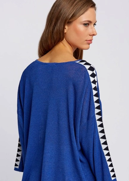 Linen Blend Contrast Geometrical Blue Knit Tunic - 7
