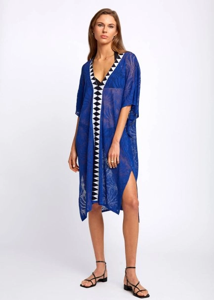 Linen Blend Floral Pattern Blue Knit Tunic - 1