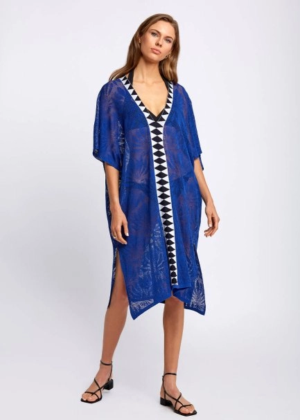 Linen Blend Floral Pattern Blue Knit Tunic - 2