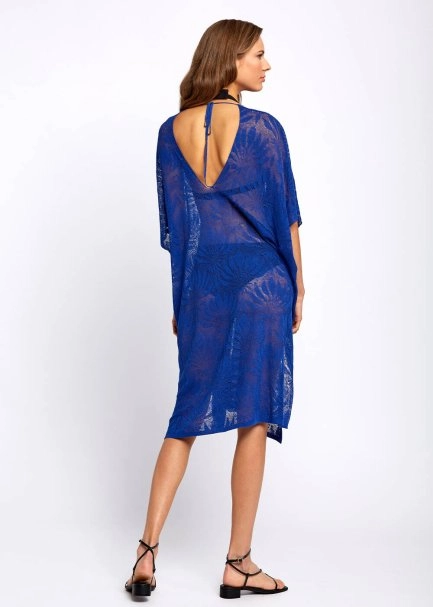 Linen Blend Floral Pattern Blue Knit Tunic - 3