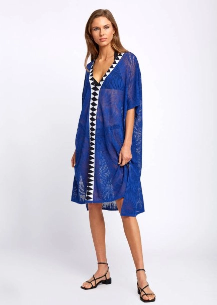 Linen Blend Floral Pattern Blue Knit Tunic - 5