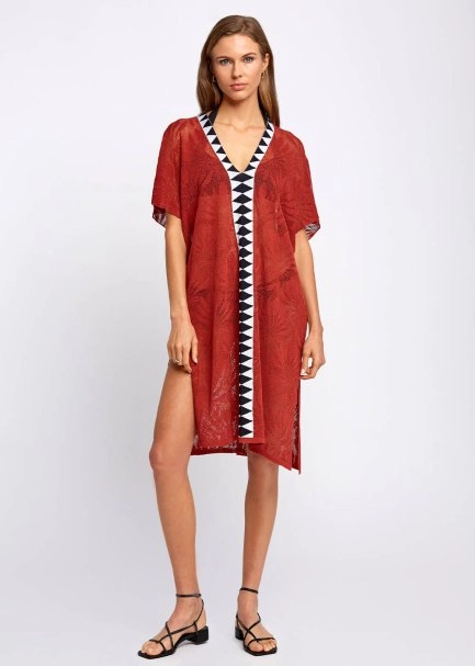 Linen Blend Floral Pattern Spice Knit Tunic - 1