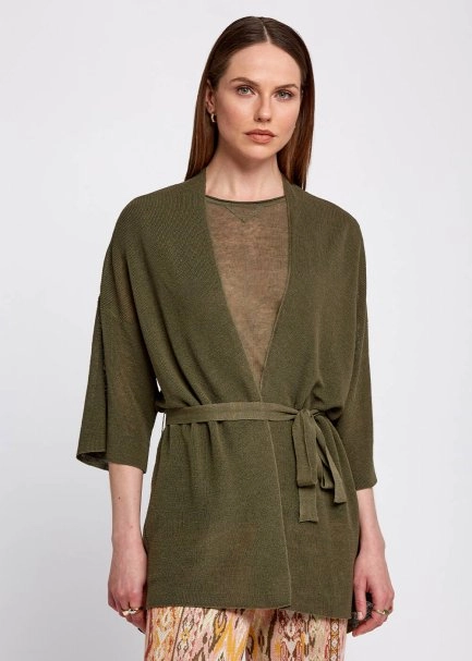 Linen Blend Loose Fit Khaki Knit Cardigan - 1