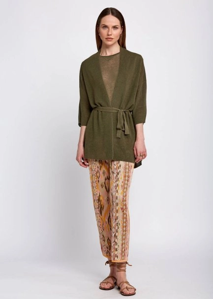 Linen Blend Loose Fit Khaki Knit Cardigan - 2