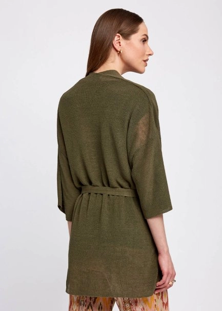 Linen Blend Loose Fit Khaki Knit Cardigan - 3