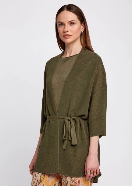 Linen Blend Loose Fit Khaki Knit Cardigan - 4