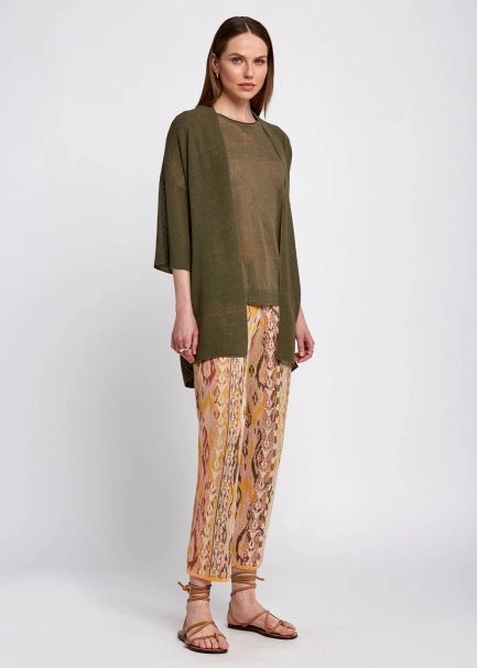 Linen Blend Loose Fit Khaki Knit Cardigan - 5