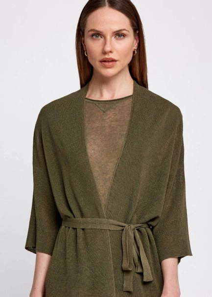 Linen Blend Loose Fit Khaki Knit Cardigan - 6