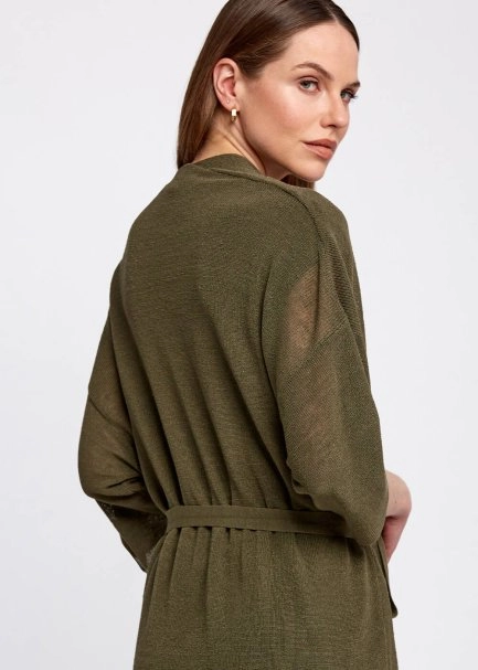 Linen Blend Loose Fit Khaki Knit Cardigan - 7