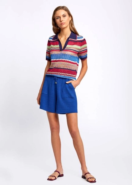 Linen Blend Pocket Detail Drawstring Blue Knit Short - 5