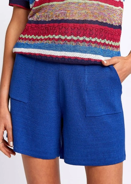 Linen Blend Pocket Detail Drawstring Blue Knit Short - 6