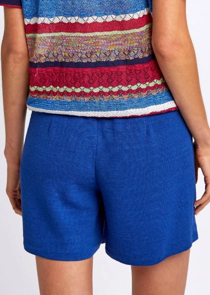 Linen Blend Pocket Detail Drawstring Blue Knit Short - 7