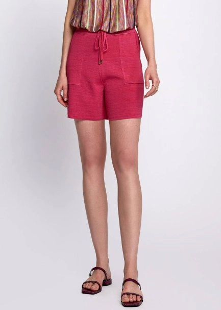 Linen Blend Pocket Detail Drawstring Fuchsia Knit Short - 1