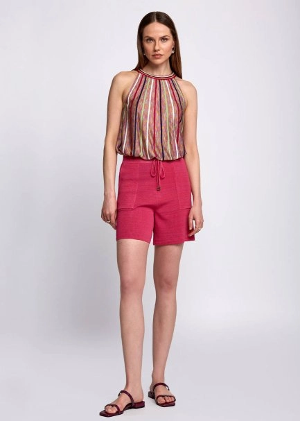 Linen Blend Pocket Detail Drawstring Fuchsia Knit Short - 2