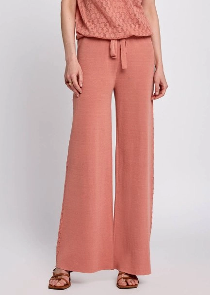 Linen Blend Pointelle Side Detail Loose Fit Rose Knit Pants - 1