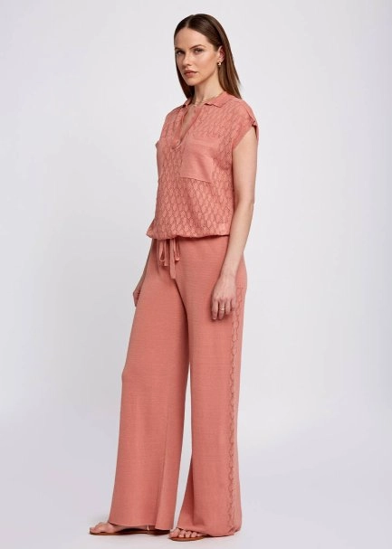 Linen Blend Pointelle Side Detail Loose Fit Rose Knit Pants - 2