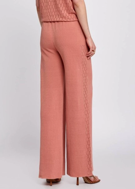 Linen Blend Pointelle Side Detail Loose Fit Rose Knit Pants - 3