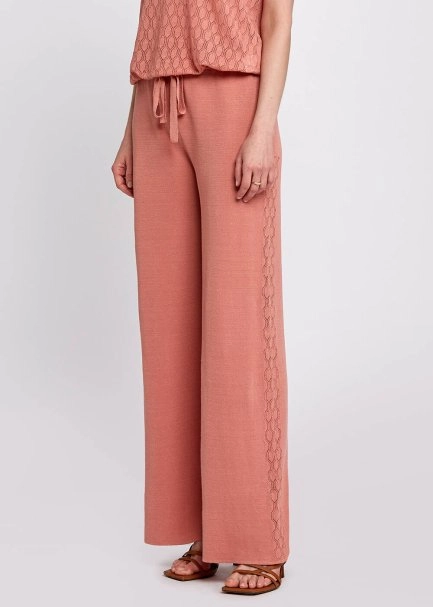 Linen Blend Pointelle Side Detail Loose Fit Rose Knit Pants - 4