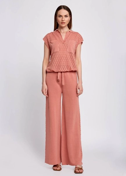 Linen Blend Pointelle Side Detail Loose Fit Rose Knit Pants - 5