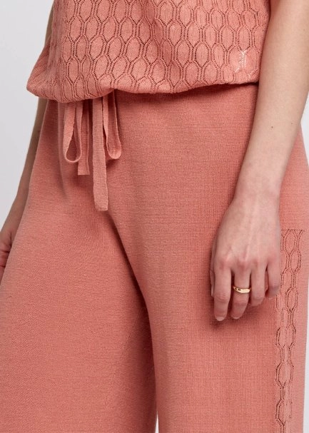 Linen Blend Pointelle Side Detail Loose Fit Rose Knit Pants - 6