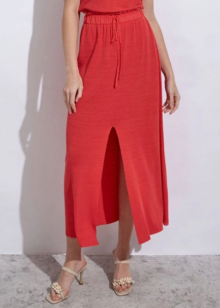 Linen Paper Bag Coral Long Knit Skirt - 1