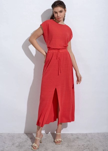 Linen Paper Bag Coral Long Knit Skirt - 2