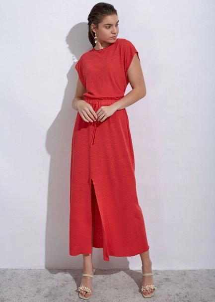 Linen Paper Bag Coral Long Knit Skirt - 4