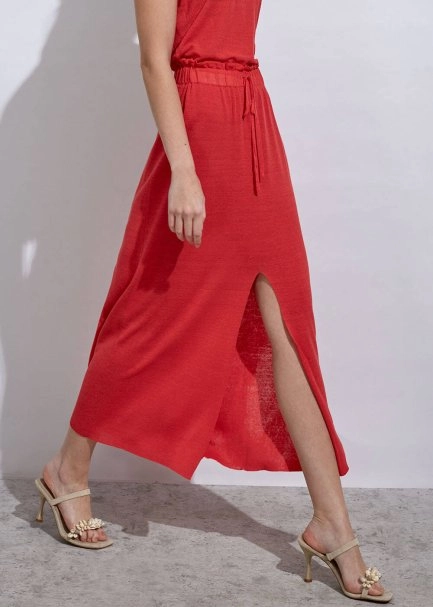 Linen Paper Bag Coral Long Knit Skirt - 5