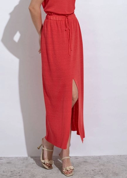 Linen Paper Bag Coral Long Knit Skirt - 6
