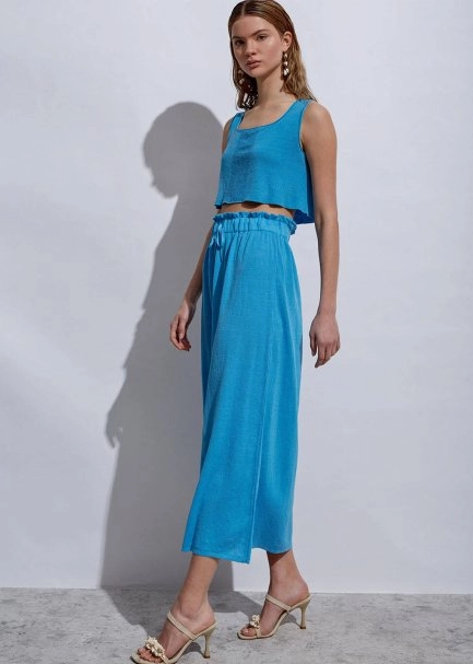 Linen Paper Bag Sky Long Knit Skirt - 2