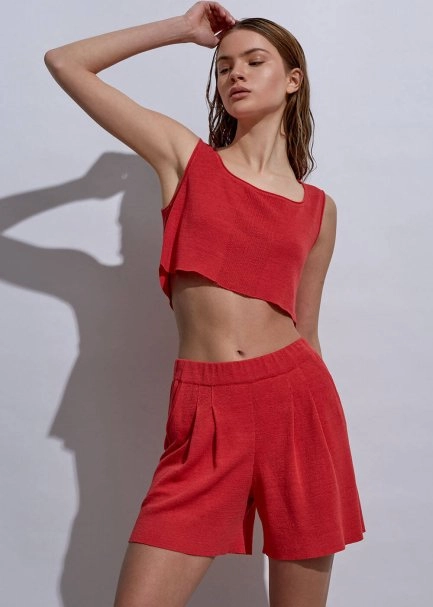 Linen Pleated Coral Knit Shorts - 2