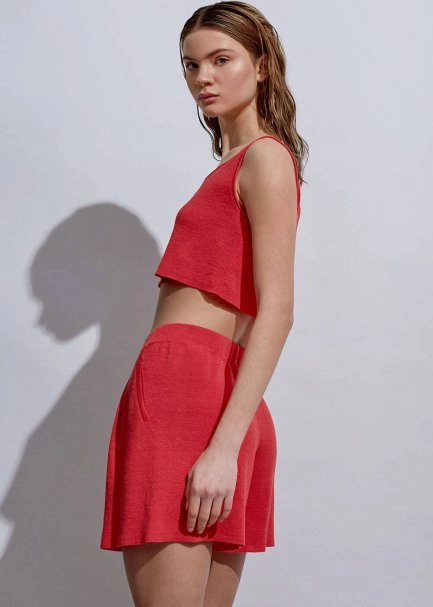 Linen Pleated Coral Knit Shorts - 5