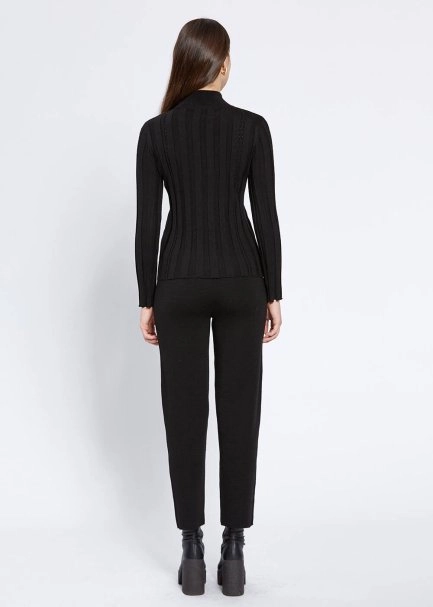 Long Sleeve Mock Neck Merıno Wool Black Knıt Top - 5