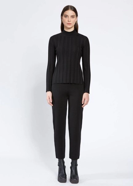 Long Sleeve Mock Neck Merıno Wool Black Knıt Top - 2