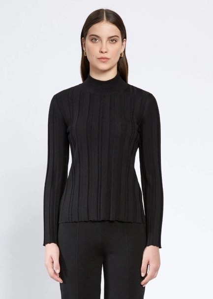 Long Sleeve Mock Neck Merıno Wool Black Knıt Top - 1