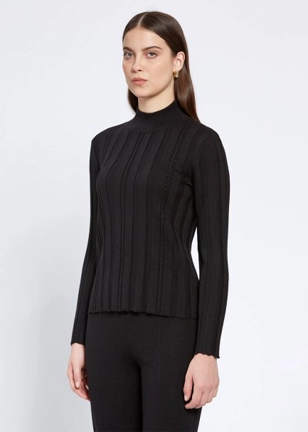 Long Sleeve Mock Neck Merıno Wool Black Knıt Top - 3