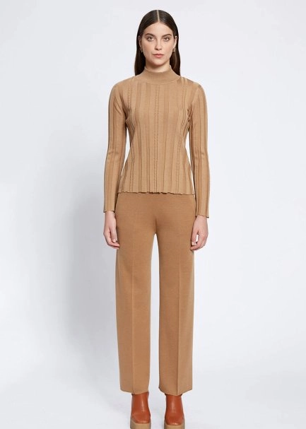 Long Sleeve Mock Neck Merıno Wool Camel Knıt Top - 2